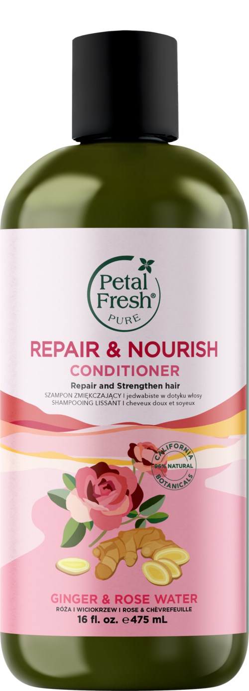Eine grüne Flasche Petal Fresh Shampoo zur Reparatur und Pflege von Haaren mit Ingwer und Rosenwasser, 16 fl oz.