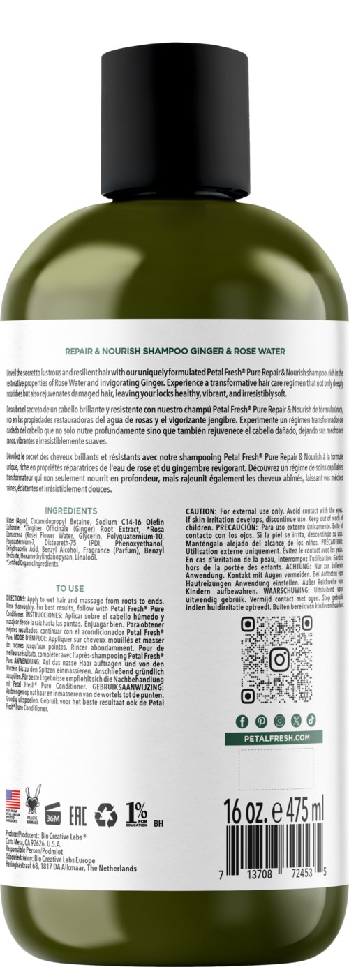 Eine grüne Shampoo-Flasche mit schwarzem Deckel, Etikett mit kleinem Text, Inhaltsstoffe, Anweisungen und QR-Code.