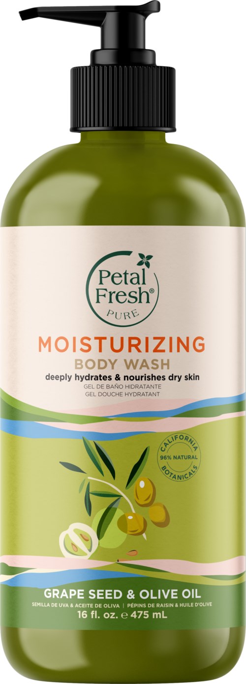Grønn flaske med pumpe. Etiketten sier 'Petal Fresh, Fuktighetsgivende kroppsvask, Druenkjerneolje & Olivenolje, 16 fl oz.'