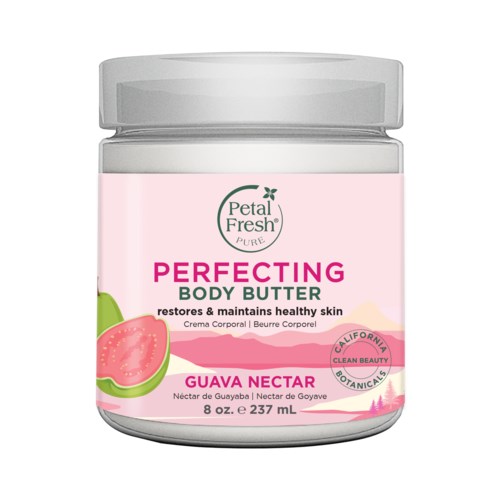 Förpackning av Petal Fresh Perfecting Body Butter med guava nektar, rosa etikett, grön och rosa text och lock.
