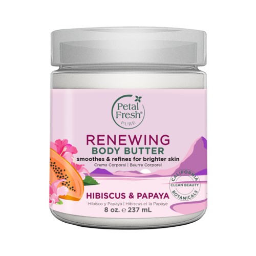 Ett gelé av bodybutter med hibiskus och papaya för ljusare hud, från Petal Fresh. Den är lavendel och rosa.