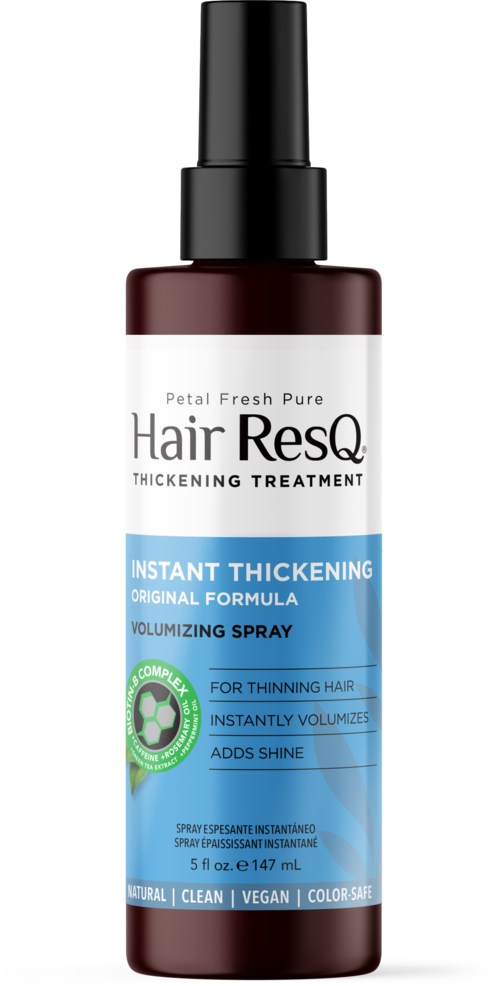 Eine dunkelbraune Sprühflasche mit schwarzem Sprühkopf, beschriftet 'Hair ResQ Instant Thickening Volumizing Spray'.