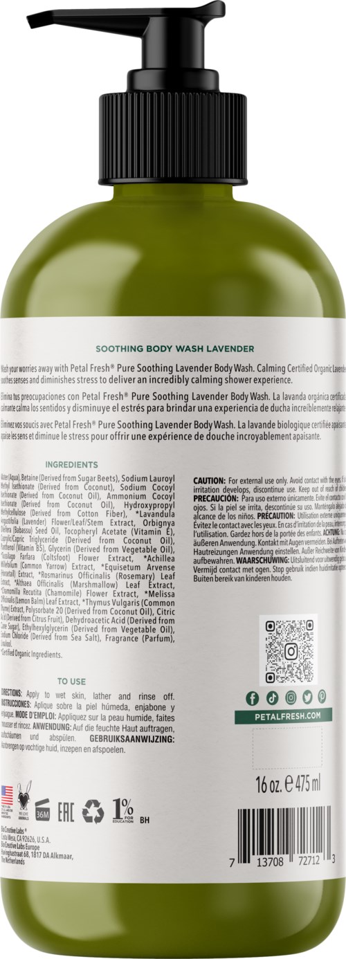 Eine grüne Flasche mit Pumpe, beschriftet als beruhigende Lavendel-Körperwäsche, enthält Inhaltsstoffe und Anweisungen.