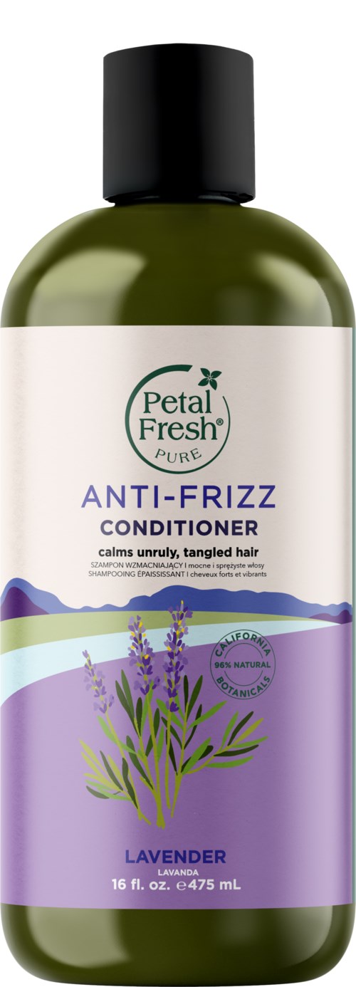 Grüne Flasche mit weißem Etikett, lila und grünem Design, Lavendelfoto, Text über Anti-Frizz Conditioner.