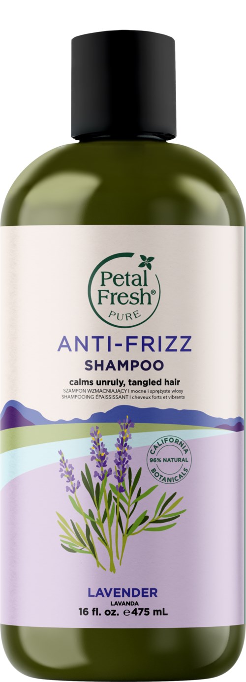 Eine grüne Flasche Petal Fresh Shampoo mit Lavendelduft für lockiges, verknotetes Haar. Etikett zeigt Lavendelpflanze.