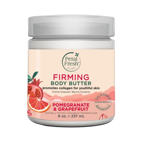En burk Petal Fresh Firming Body Butter med granatäpple och grapefrukt, främjar kollagen i huden, från California Organic Botanicals.