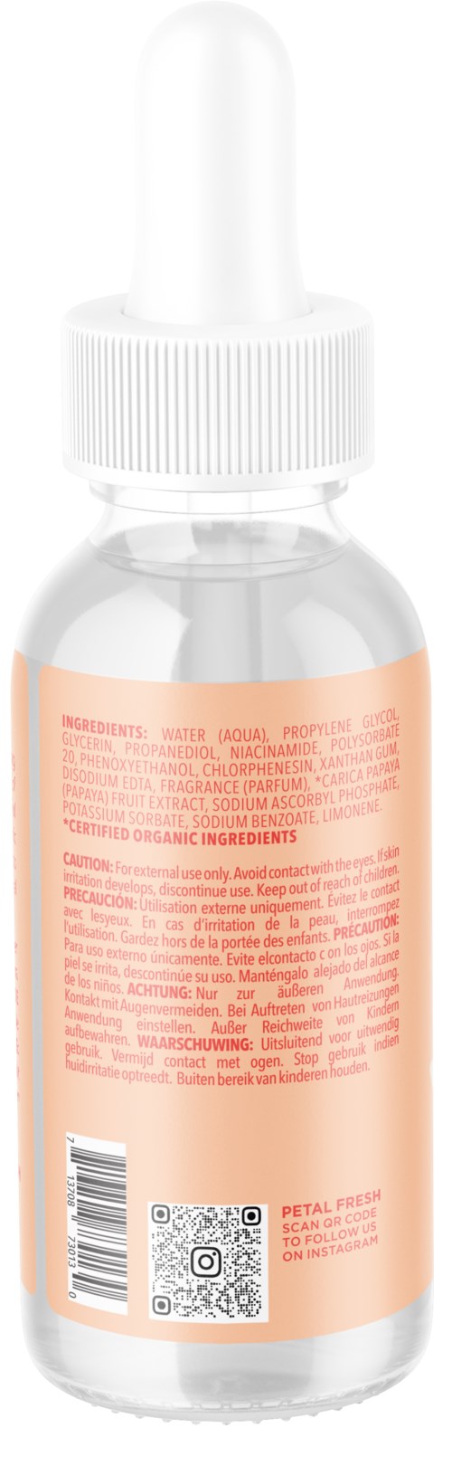 Kleine klare Flasche mit weißem Tropfenkopf, enthält Flüssigkeit, mit rosa Etikett mit Text und QR-Code.