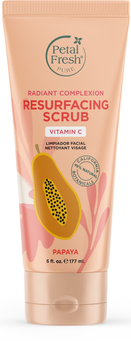 Eine Gesichtsscrubtube mit Papaya und Vitamin C, beschriftet als strahlend und hauterneuernd.