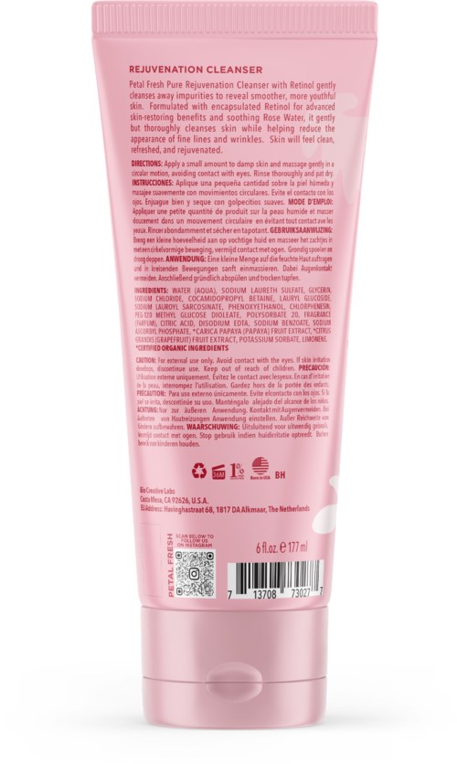 Das Bild zeigt eine pinke Tube Rejuvenation Cleanser mit Text und Symbolen, einschließlich Barcode und QR-Code.