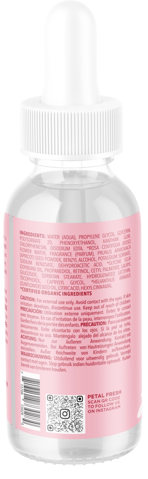 Kleine Glasflasche mit Pipette, pinkes und weißes Etikett, wahrscheinlich Hautpflege- oder Kosmetikprodukt.