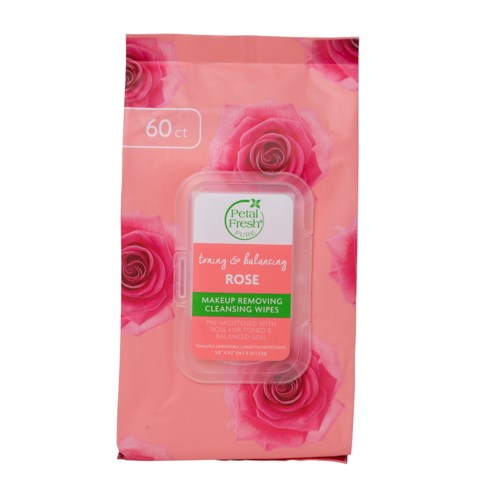 Rosa förpackning med rosor, grön och vit etikett, removerpads för sminkborttagning, 60 wipes i paketet.