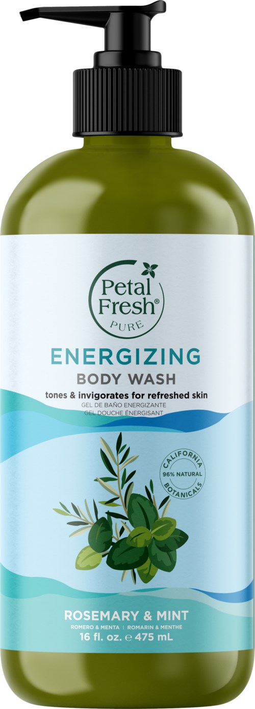 Grüne Flasche von Petal Fresh Energizing Body Wash mit Rosmarin und Minzduft. Enthält natürliche Inhaltsstoffe. 16 fl oz.