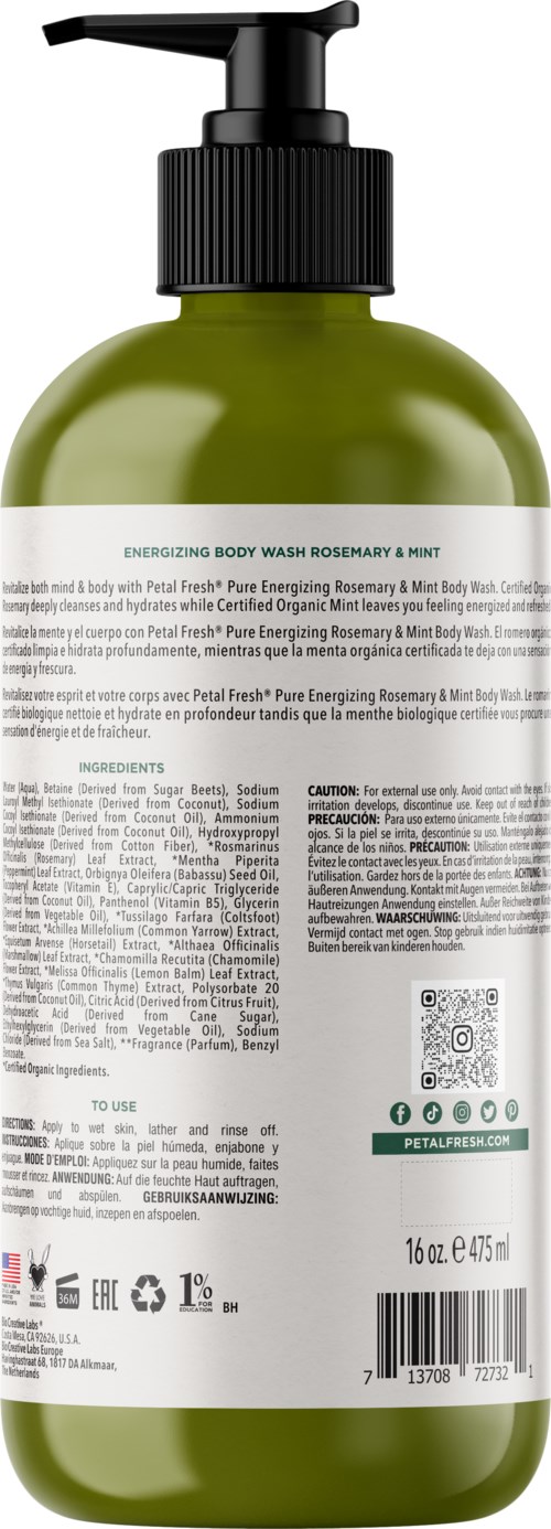 Grüne Flasche mit Pumpe, enthält Körperwäsche mit Rosmarin und Minze, Text auf Etikett, 16 oz.
