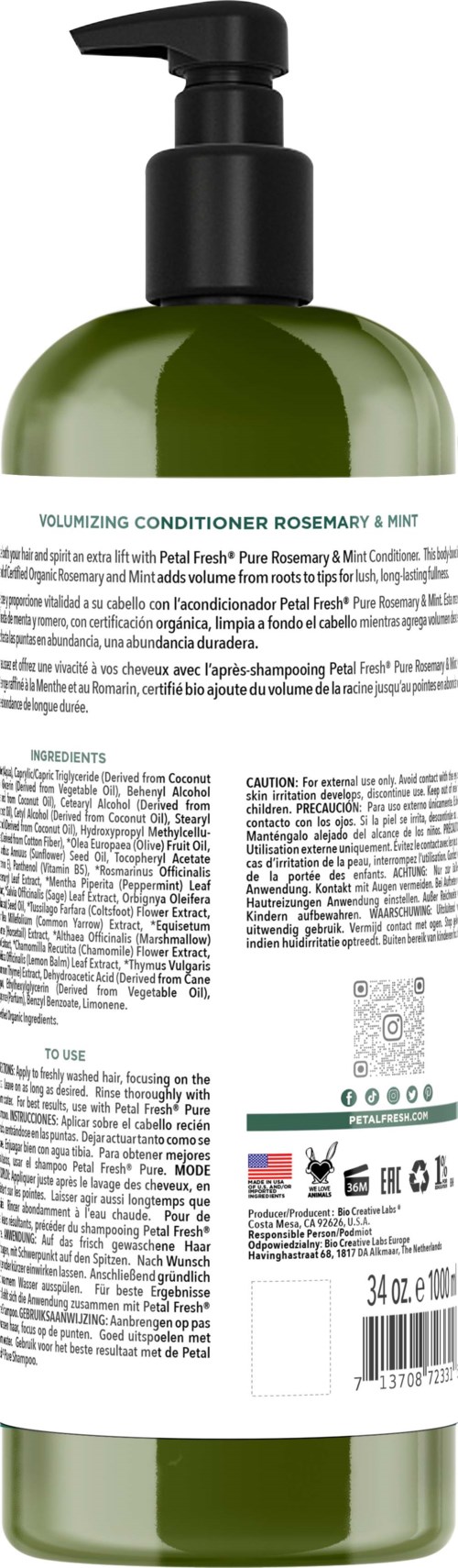 Grüne Flasche mit Rosmarin- und Minzspülung, Pumpe, Etikett mit Text und Symbolen, 34 oz.