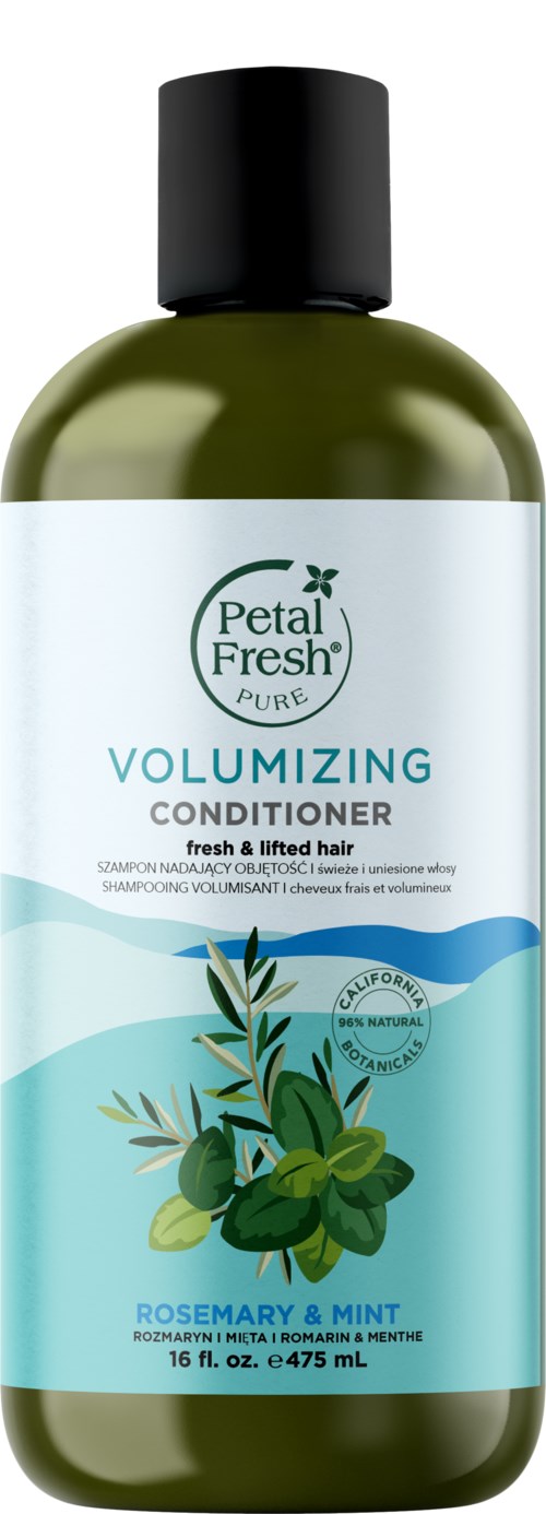 Eine grüne Flasche Petal Fresh Pure Volumizing Conditioner mit Rosmarin und Minze Duft, mit heller blauer Etikette und Pflanzenillustration.