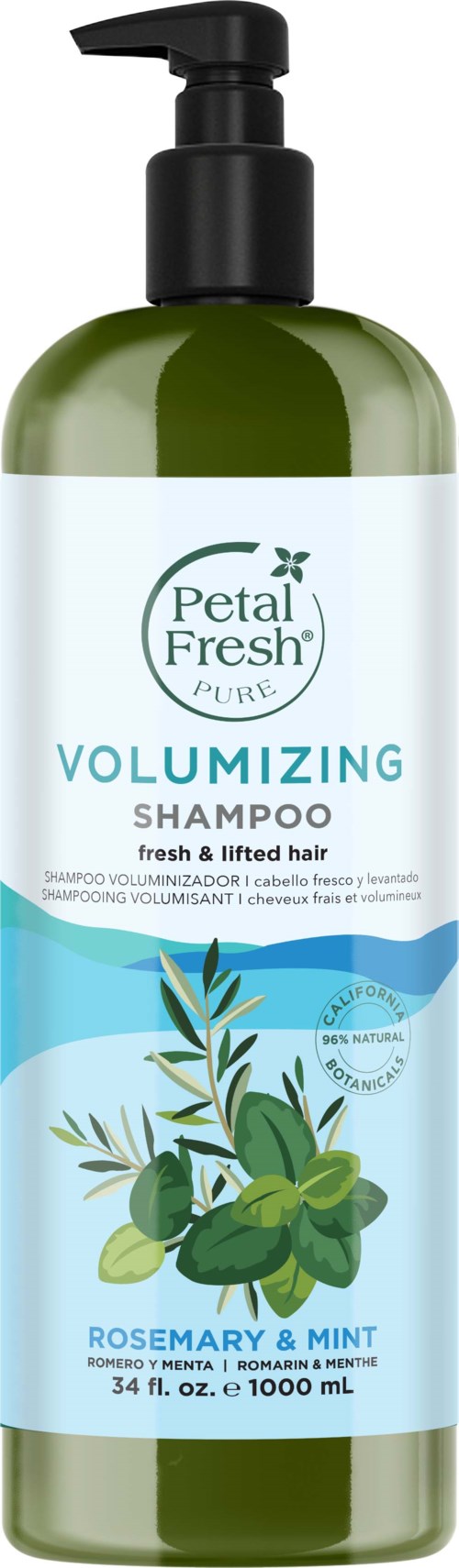 Eine grüne Flasche Petal Fresh Shampoo mit Pumpkopf, gekennzeichnet für Volumen mit Rosmarin und Minze.