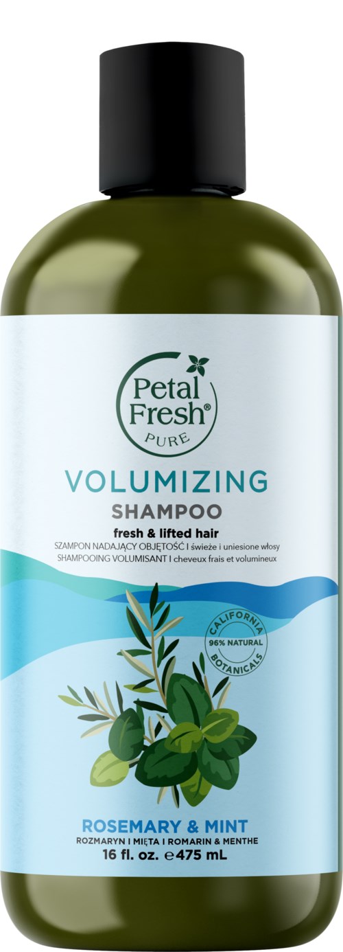 Eine grüne Flasche Petal Fresh Shampoo mit 'VOLUMIZING' Beschriftung,ROSENMÄHLEM UND MINZE, 16 fl oz.