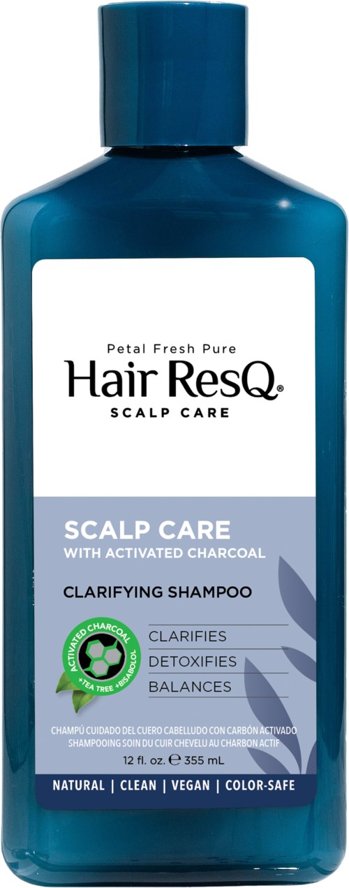 Blauer Shampoo-Flasche mit Kopfhautpflege und Aktivkohle, klärt, entgiftet und balanciert Haare und Kopfhaut.