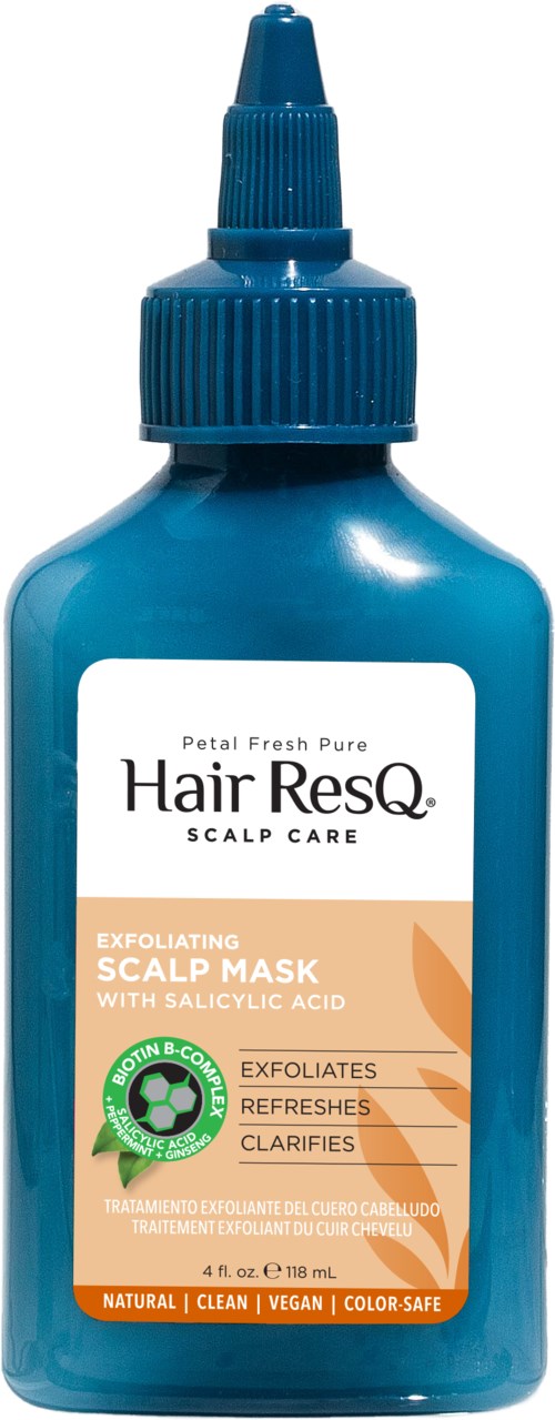 Blauer Flasche mit Tropfenkappe enthält Hair ResQ Kopfhautmaske zur Exfoliation und Klärung der Kopfhaut.