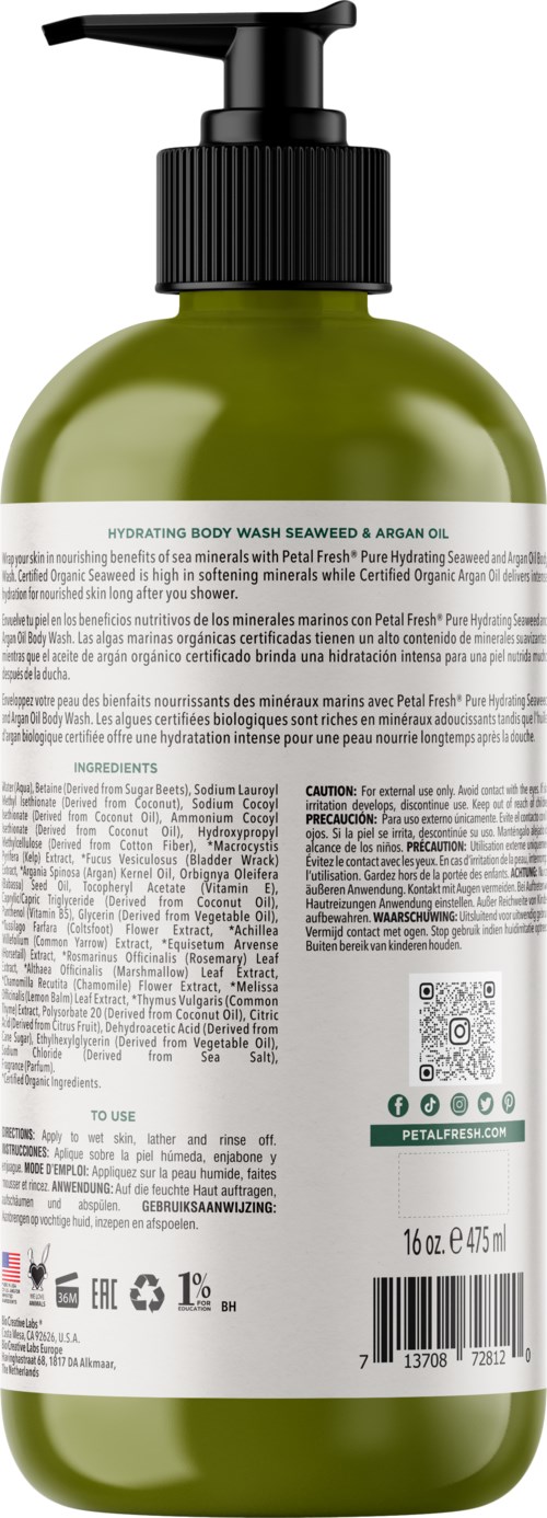 Grüne Pumpflasche mit detailliertem Etikett, das Inhaltsstoffe und Anweisungen zeigt.