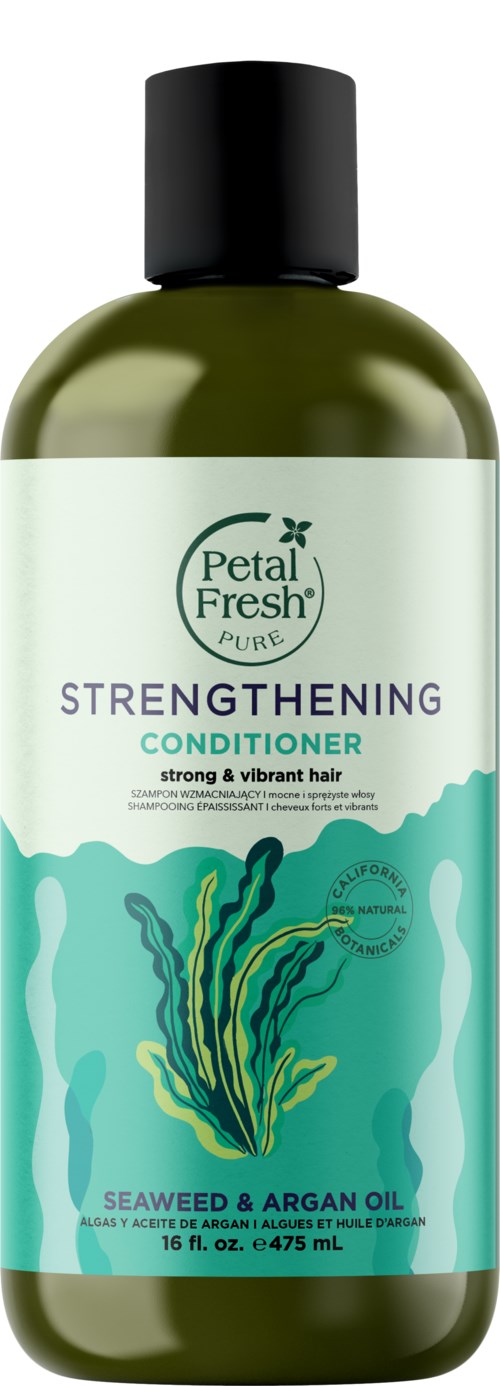 Eine grüne Flasche Petal Fresh stärkendes Conditioner mit Seetang und Arganöl für stärkere Haare.