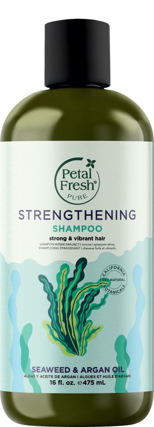 Eine grüne Flasche Petal Fresh Shampoo mit Algen und Arganöl, um das Haar zu stärken und zu beleuchten.