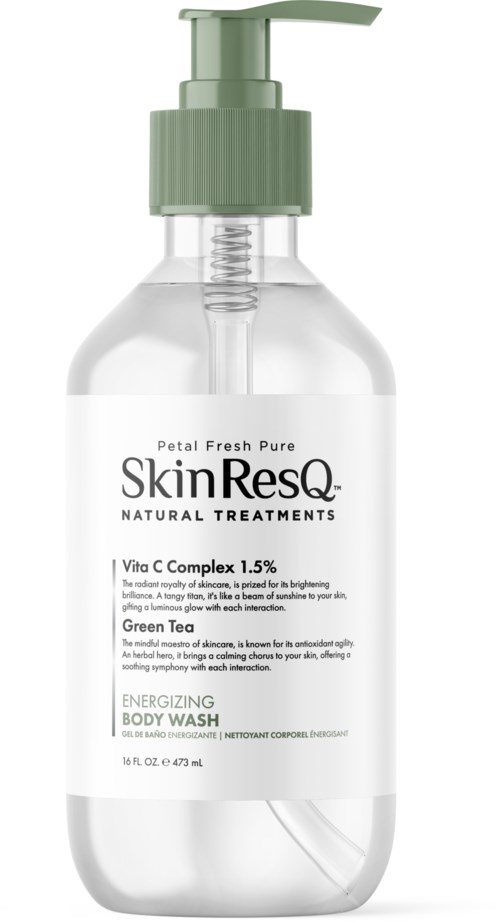 Eine klare Pumpflasche mit SkinResQ-Körperwäsche, grüne Pumpe, erwähnt natürliche Behandlungen und Vitamin C.