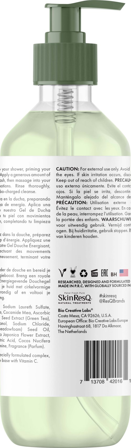 Ein klarer Spenderflasche mit grünem Pumpkopf und kleinem Text auf dem Etikett. Die Flasche enthält eine Flüssigkeit, vermutlich ein Hautpflegeprodukt.