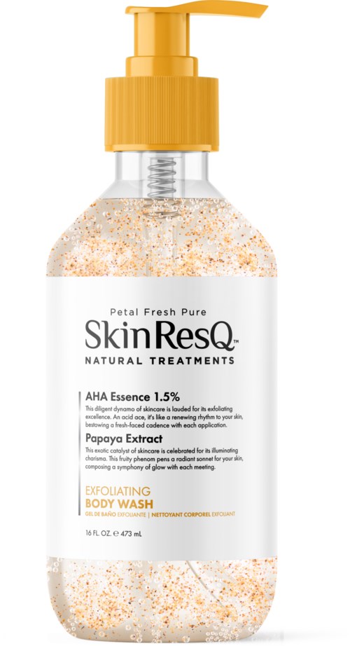 Eine weiße und gelbe Flasche mit Seife oder Duschgel, beschriftet "SkinResQ" und "Exfoliating Body Wash."