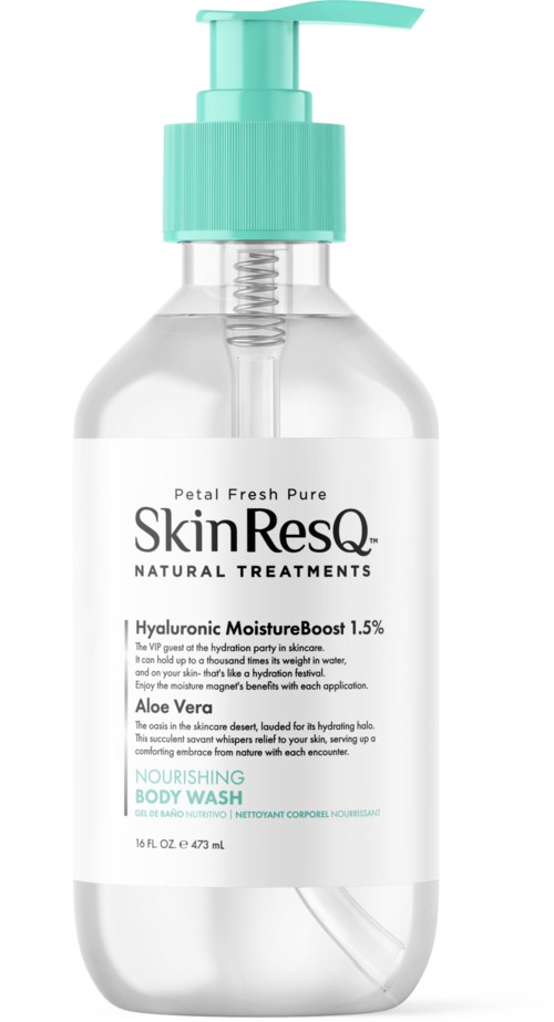 Eine klare Plastikflasche mit einem hellgrünen Pumpstoß enthält SkinResQ nährende Duschgel, gekennzeichnet mit Produktdetails und Inhaltsstoffen.