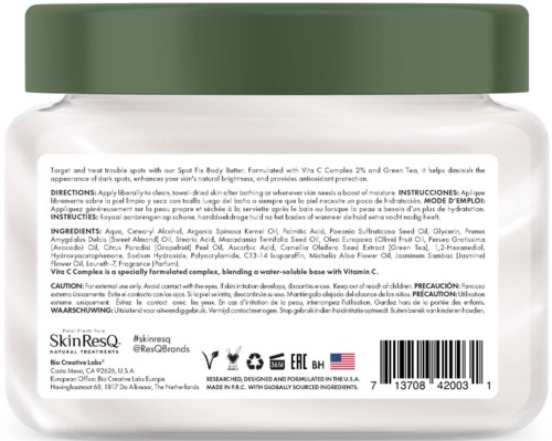 Ein Glas mit SkinResq-Creme mit grünem Deckel, Produktbeschreibung, Inhaltsstoffe und Gebrauchsanweisung auf dem Etikett.