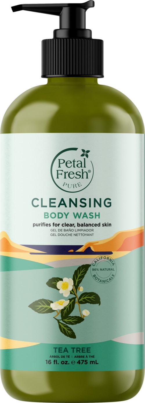 Grüne Flasche Petal Fresh Reinigende Duschgel mit Teebaum, Zitrone und Kräuterdüften, für saubere, ausgeglichene Haut.