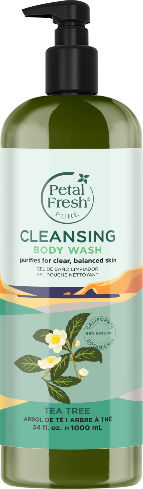 Grüne Flasche Petal Fresh Duschgel mit schwarzer Pumpe, sagt Teebaum, reinigt und balanciert die Haut.