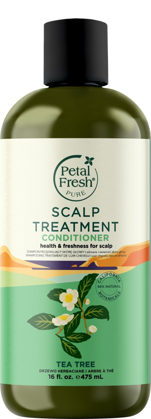 Eine grüne Flasche Petal Fresh Kopfhautbehandlung Conditioner mit einem Etikett, das Teebaum und eine Pflanze zeigt.