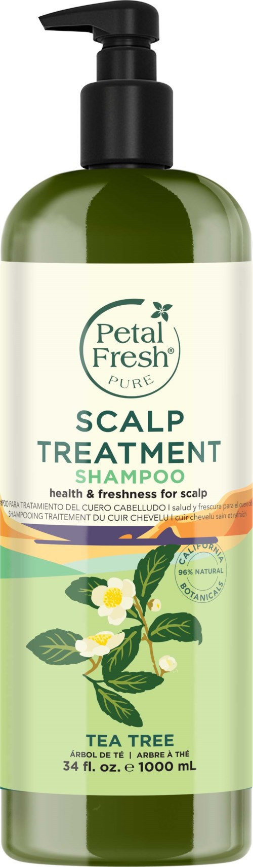 Grüne Shampooflasche mit Pumpverschluss, beschriftet 'Petal Fresh Pure Scalp Treatment Shampoo' mit Teebaum-Illustration.