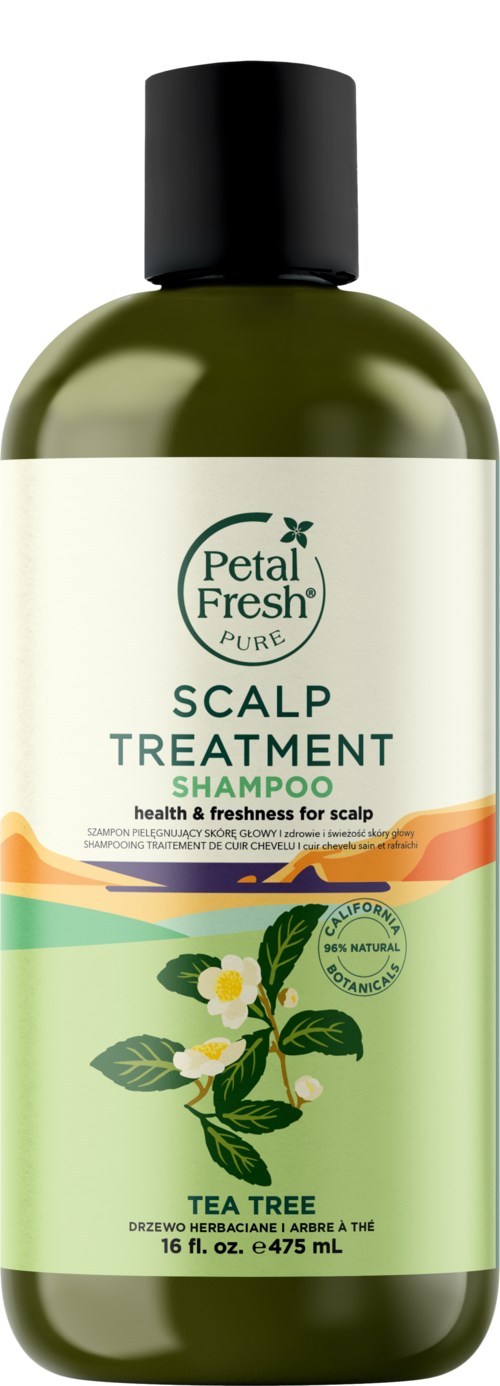 Eine grüne Flasche Petal Fresh Scalp Treatment Shampoo mit Teebaum, für Kopfhautgesundheit. Enthält 16 Unzen.