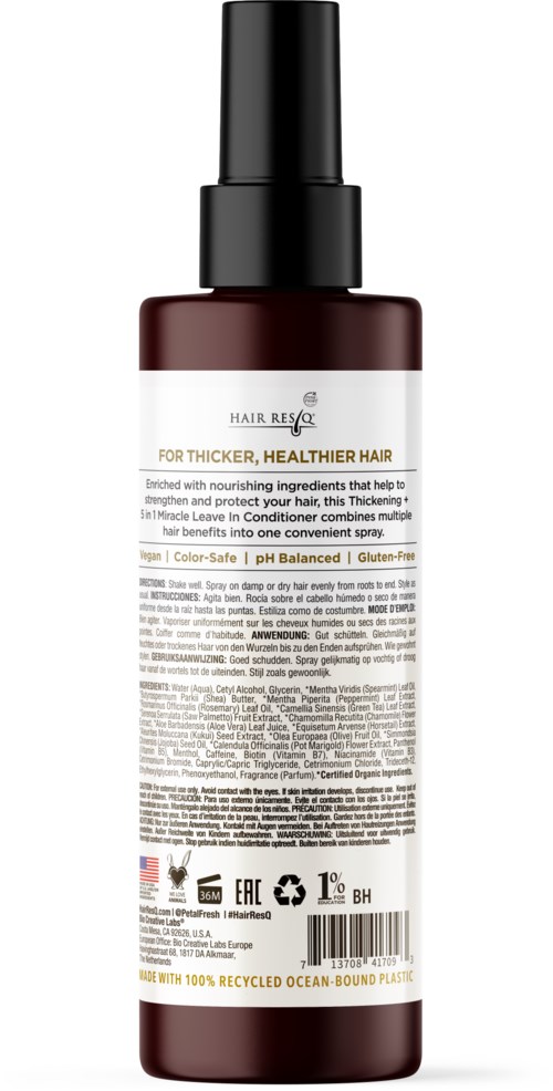 Flasche mit Haarkur für volleres, gesünderes Haar mit pflegenden Inhaltsstoffen, alkoholfrei, nicht-GMO, glutenfrei und umweltfreundliche Verpackung.