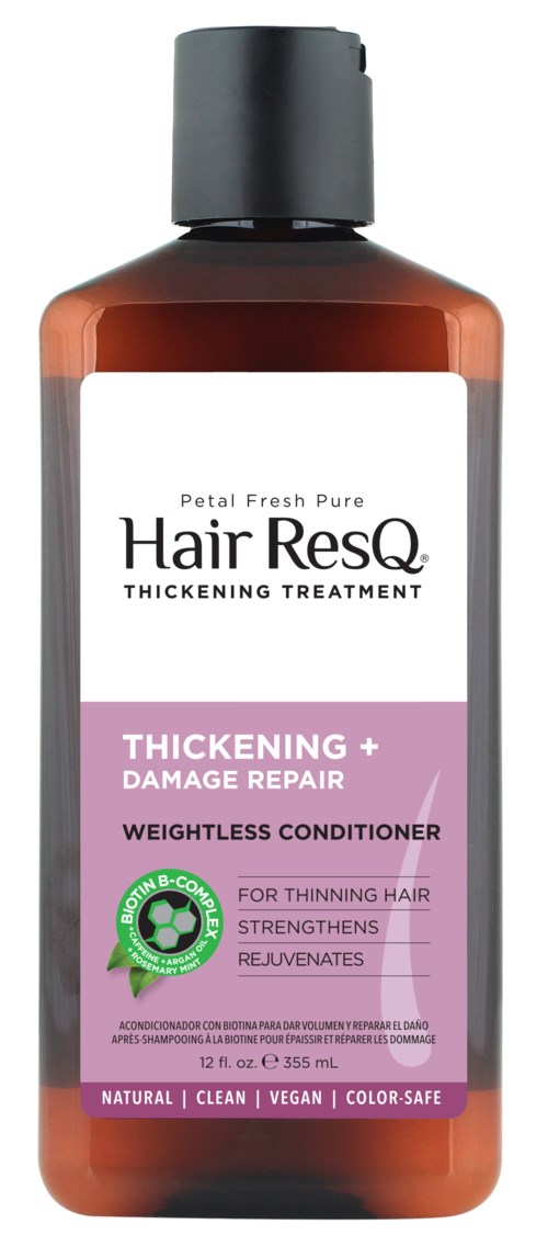Eine braune Flasche mit schwarzem Deckel, beschriftet 'Hair ResQ' für Haarverdickung und Reparatur.