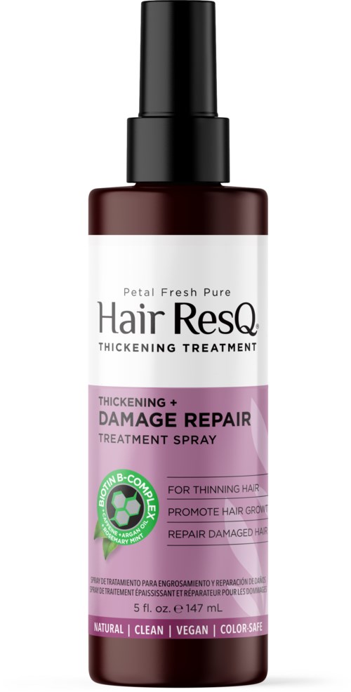 Ein braune Sprühflasche mit schwarzem Deckel, bezeichnet 'Hair ResQ Thickening Treatment', fördert Haargesundheit und Reparatur.