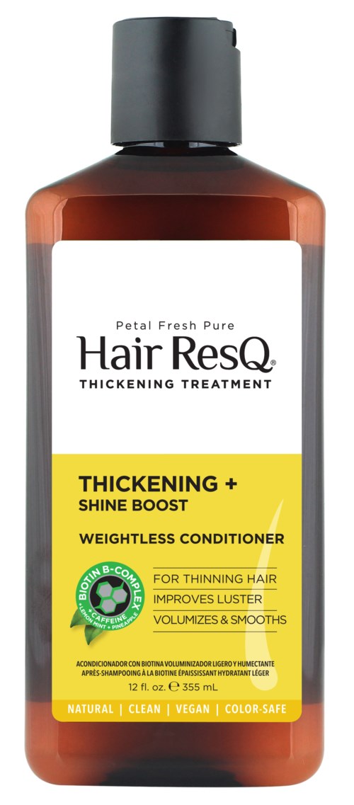 Eine braune Flasche mit schwarzem Deckel, gekennzeichnet Hair ResQ, fördert Haarverdickung und Glanz sowie Volumen und Glätte.