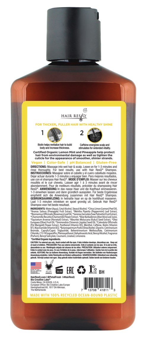 Eine braune Flasche mit gelbem Etikett und schwarzem Deckel. Das Etikett hat Anweisungen und Text. Unten ist ein Barcode.