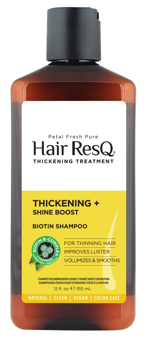 Eine Flasche Petal Fresh Pure Hair ResQ Verdickungsbehandlung Shampoo mit schwarzem Deckel und gelb-weißer Etikette.