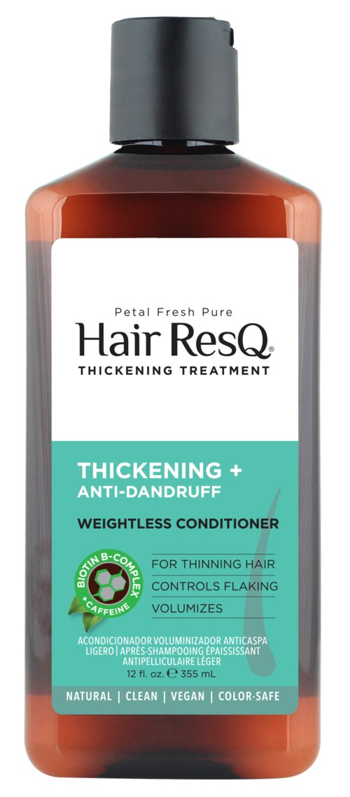 Eine braune Flasche mit schwarzem Deckel, beschriftet als Hair ResQ Verdickungslösung gegen Haarausfall und Schuppen.