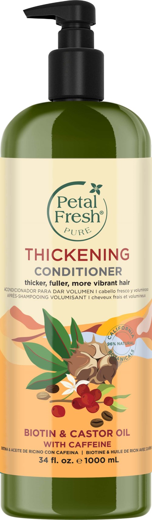 Eine grüne Flasche Petal Fresh Verdickender Conditioner mit Pumpkopf, mit Etikett mit Blättern, Beeren und Hundebild.