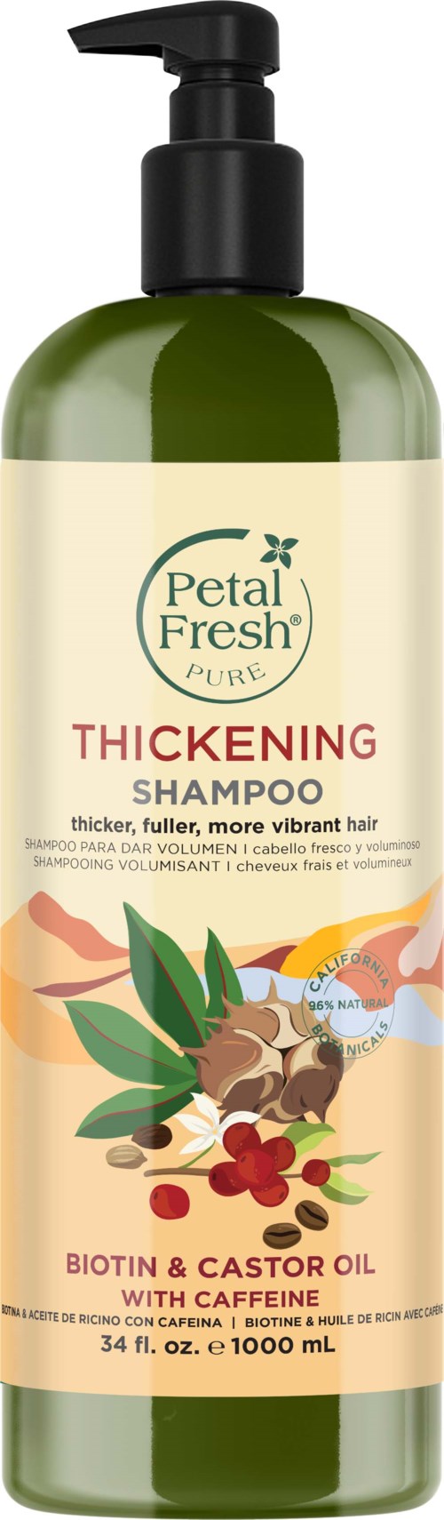 Eine grüne Flasche Petal Fresh Shampoo mit Pumpe, gekennzeichnet für dickeres Haar mit natürlichen Ölen und Vitaminen.