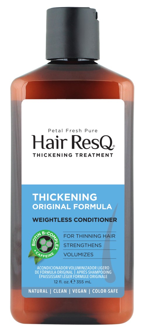 Eine braune Flasche mit schwarzem Verschluss, beschriftet 'Hair ResQ', für dünner werdendes Haar, mit blauer und weißer Schrift.