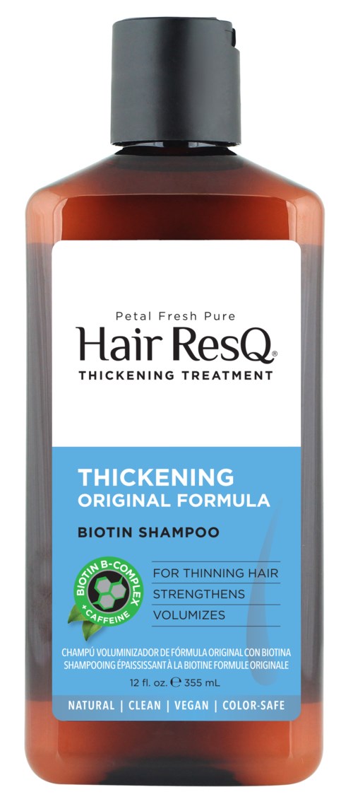 Eine braune Flasche mit schwarzem Deckel, beschriftet als Hair ResQ Verdickende Originalformel Biotin Shampoo.