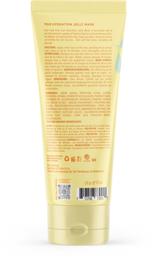 Eine gelbe Tube mit der Aufschrift 'True Hydration Jelly Mask' und Anweisungen sowie Inhaltsstoffe.