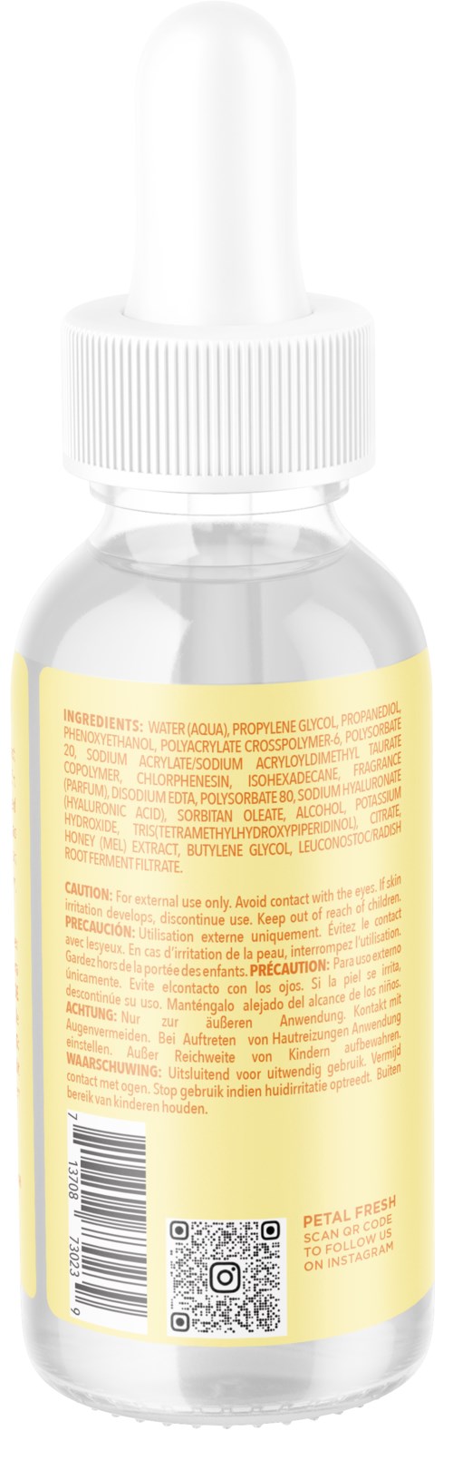Ein klarer Glasdropper-Flasche mit weißem Deckel und gelbem Etikett mit Text und Barcode.