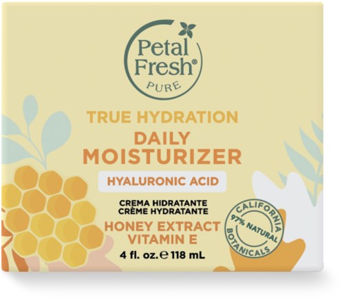 Hautpflegeetikett mit Petal Fresh-Logo, zeigt, dass es eine tägliche Feuchtigkeitscreme mit Hyaluronsäure, Honig und Vitamin E ist.